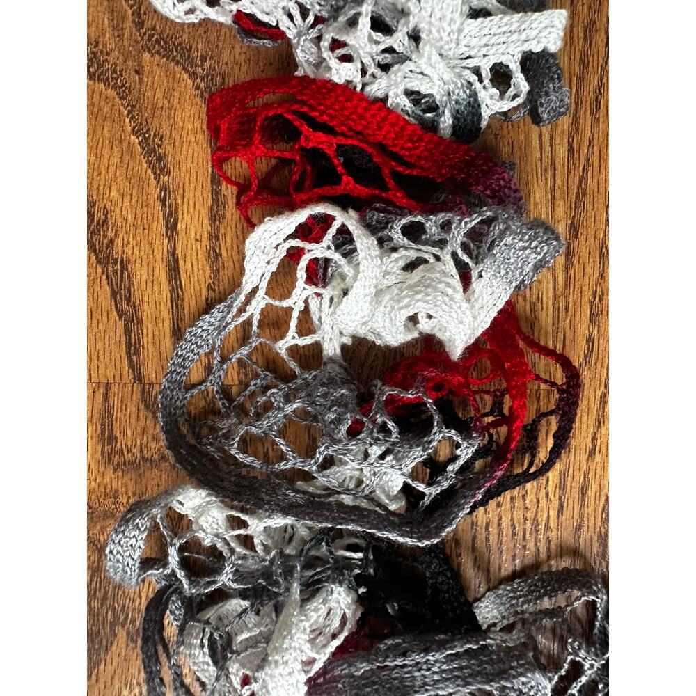 Crochet  Ombre Black White Red Twisted Loop Handmade Bohemian Cottage Scarf